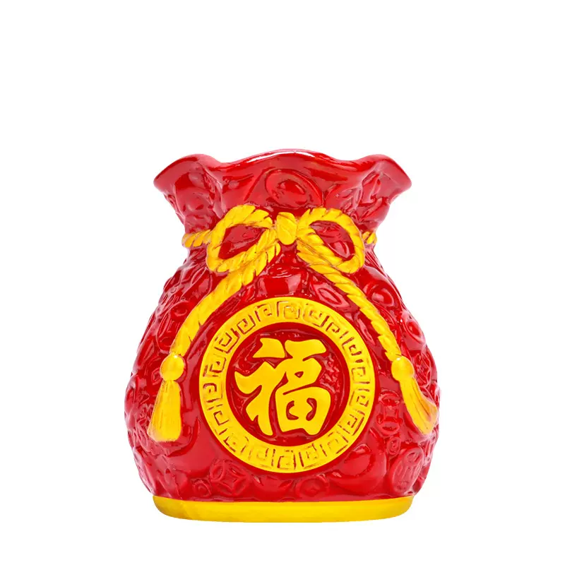 红色年宵花瓶钱袋福字陶瓷手工仿真花艺花瓶麦穗发财果银柳-48035