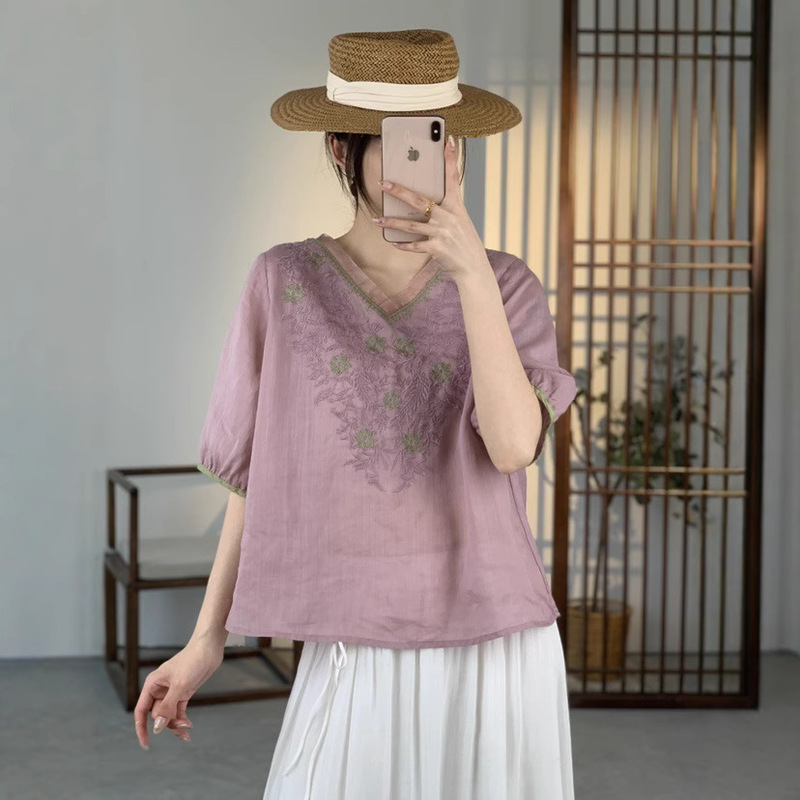 2025 Summer New Artistic Embroidery Ramie T-shirt Light and Thin Ethnic Style Retro Artistic Style Full Hanged Small Shirt