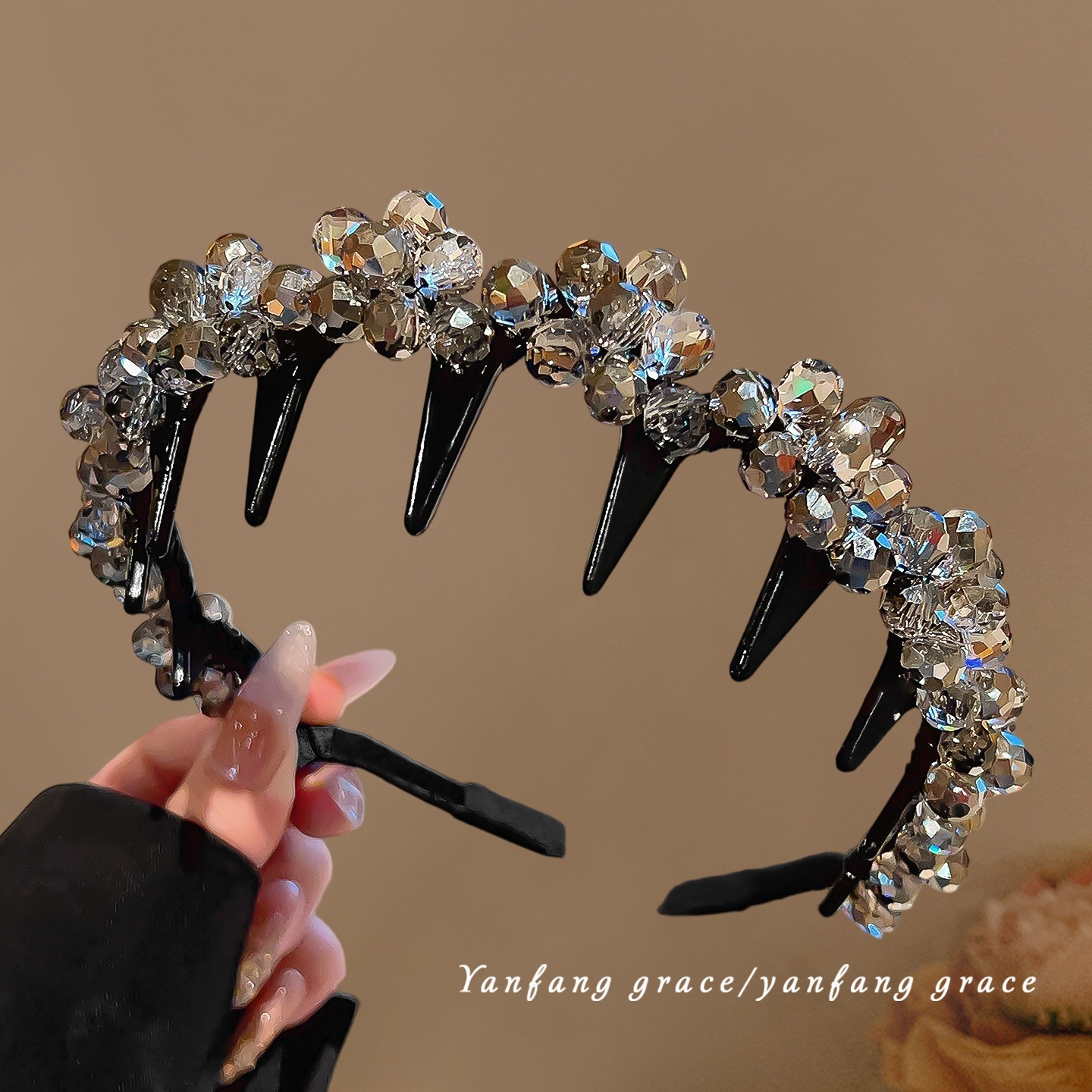 #323 black heavy craft crystal flower headband