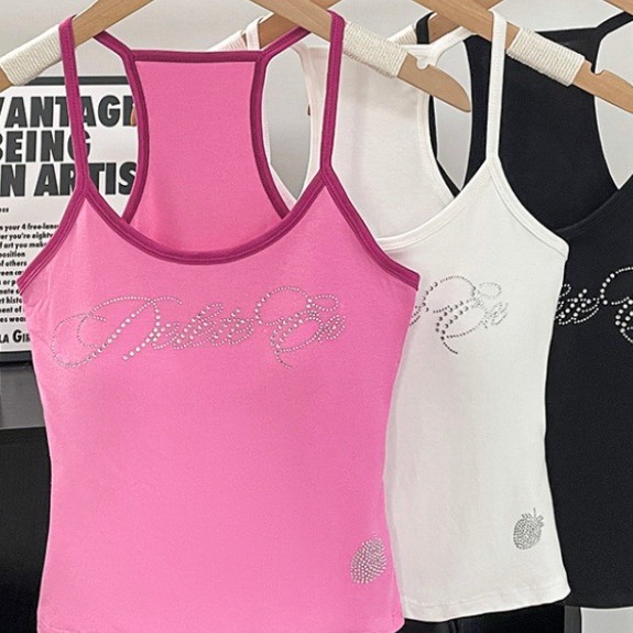 Pure Desire Hot Girl Letter Hot Diamond White Camisole Women's Summer Design Slim Fit Versatile Outerwear Top
