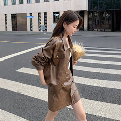 小个子皮衣外套两件套女咖色美拉德穿搭美式长袖皮夹克短款半身裙