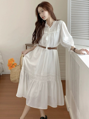 French-style vacation dress, summer Korean-style, artistic, gentle temperament, waist-cinching, slimming long dress, fairy-like