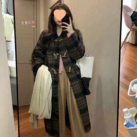 牛角扣韩系大衣女中长款2025秋冬新款宽松小个子加厚格子毛呢外套