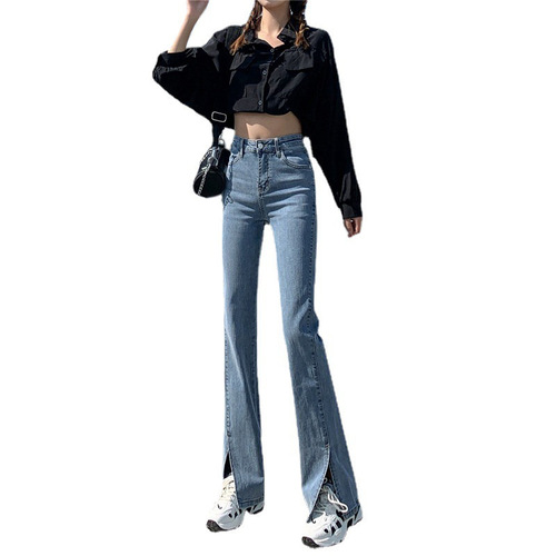 Slit high-waisted stretch jeans for women summer new style slim and slim, versatile, floor-length, micro-flared pants, trendy