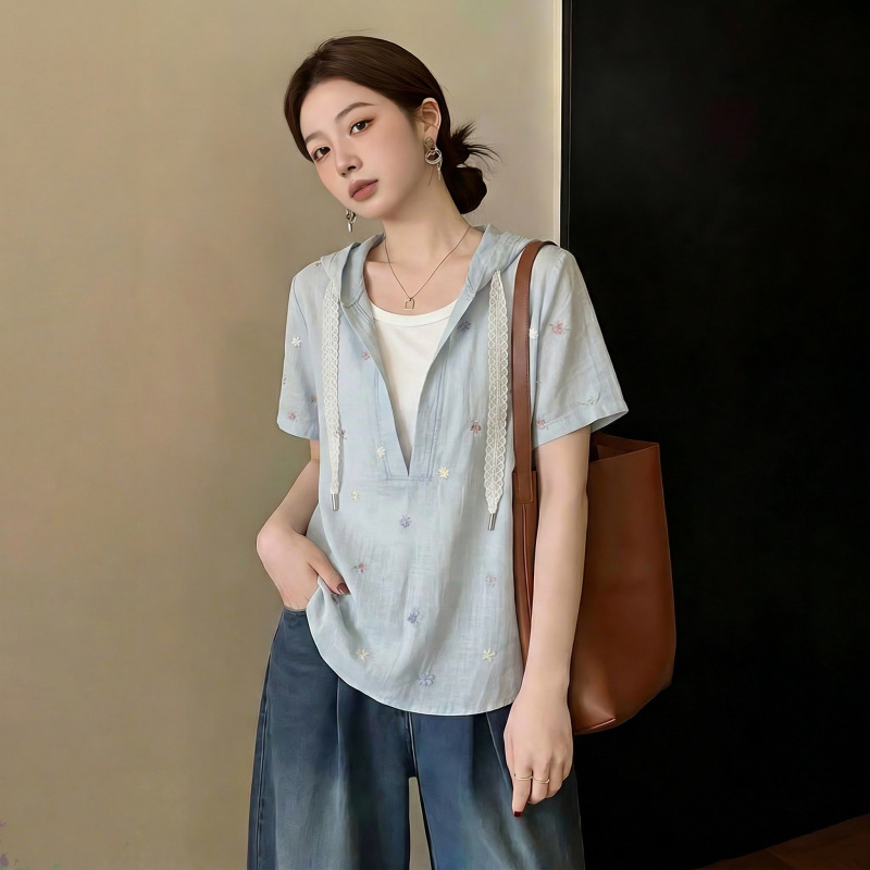 Áo sơ mi ngắn tay phối mũ trùm dáng rộng che bụng cho nữ size lớn — xanh lam chi tiết 1