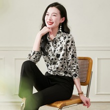 时尚重磅真丝衬衫女士长袖印花春装气质缎面丝绸桑蚕丝上衣女衬衣