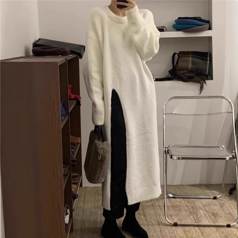 韩风chic设计感复古中长款毛衣长裙秋冬新款开叉圆领针织连衣裙潮|undefined