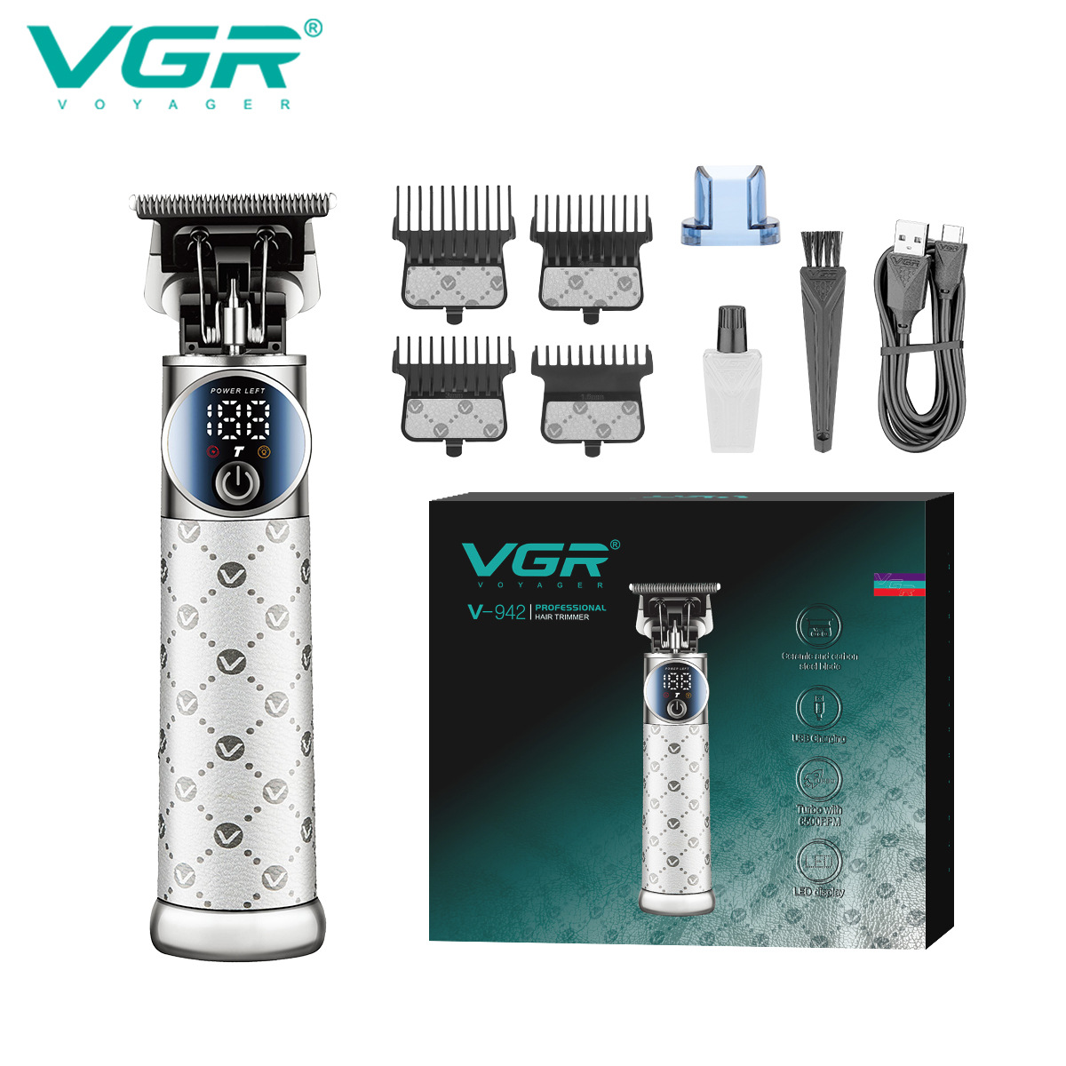 VGR942 Electric Hair Clipper for Men Leather And Metal Body LCD Digital Display Engraved Cross Border New_voghion.com