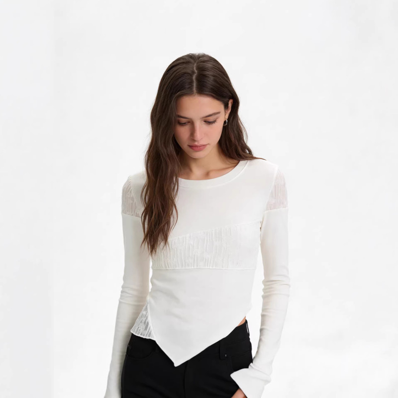 Spring Hot-Selling Tencel Wool Lace Patchwork Top Jm25-8015 with Flared Sleeves, Unique Design Women's Fashion