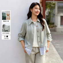 【气质轻职风设计感拼接莱赛尔外套】纤莉秀大码女装胖mm春装新款