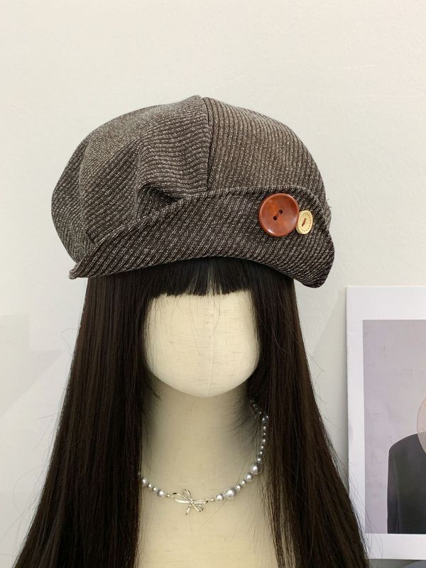 灯芯绒纽扣翻檐贝雷帽女春秋季美拉德大头围八角帽显脸小画家帽子|undefined
