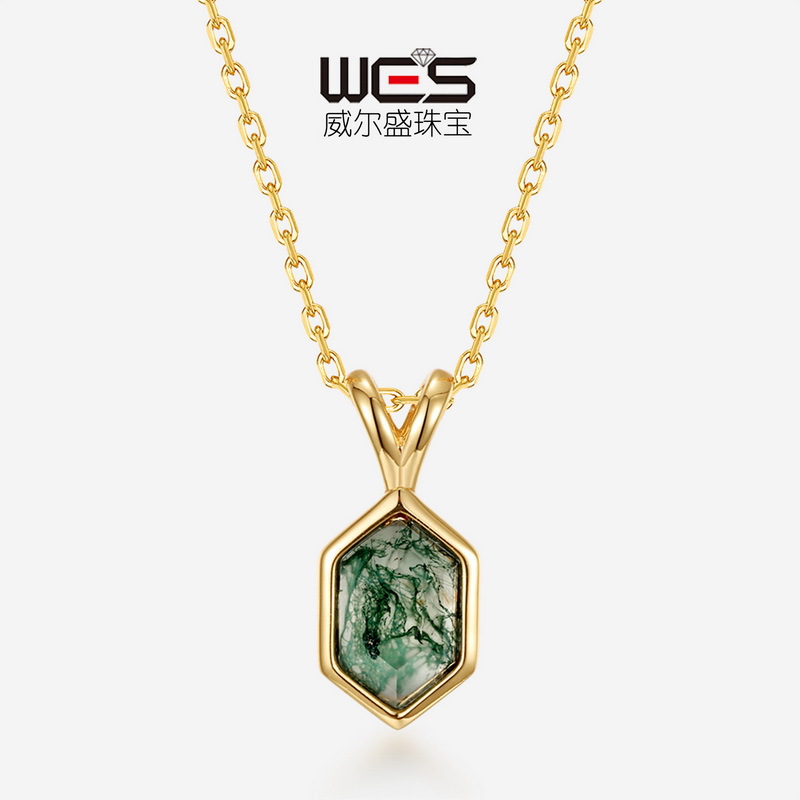 Colgante de ágata de hierba de agua natural geométrica especial transfronterizo para mujer S925 plateado 10K colgante de cadena de clavícula de piedra de musgo verde dorado