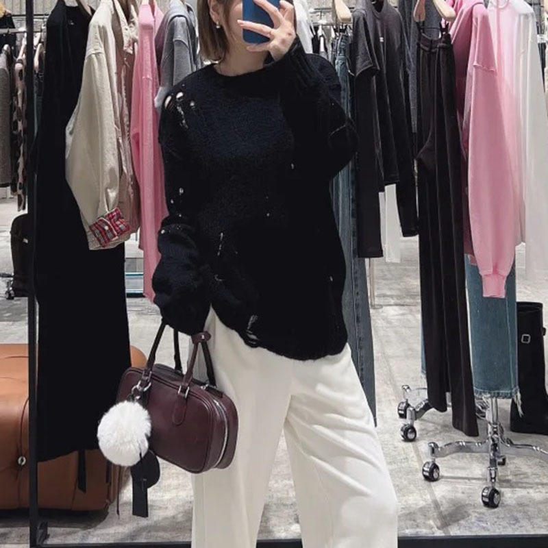 2025 New Winter Women's Versatile Ripped Splash Ink Printed Loose Rock Knitwear Sweater Mbe4Swtt08
