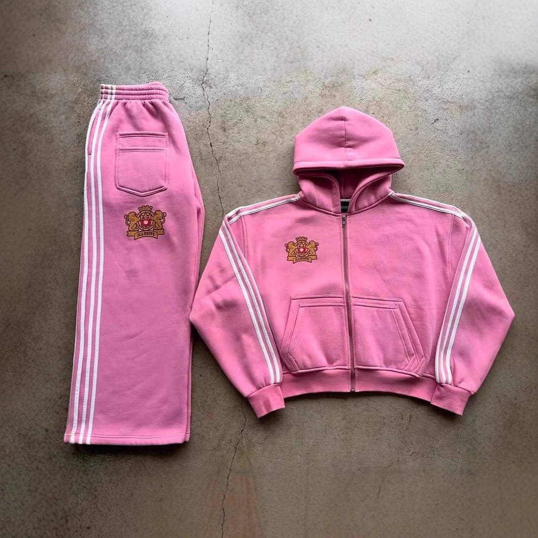 "Oversized-Streifen-Hoodie-Set - Unisex-Winterpullover mit überschnittenen Schultern und passender Hose, Streetwear-Loungewear (Schwarz/Grau/Pink/Kastanienbraun, S-XL)"_voghion.com