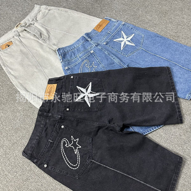 时尚潮牌跨境新款Corteiz恶魔岛牛仔裤星星刺绣牛仔裤男时尚潮流