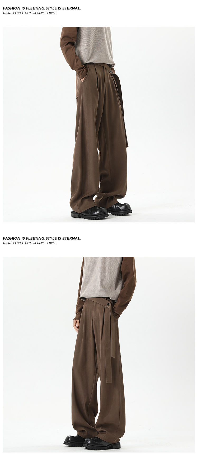 Kaffeefarbene Herren Stoffhose Mit Gürtel Und Geradem Bein_voghion.com