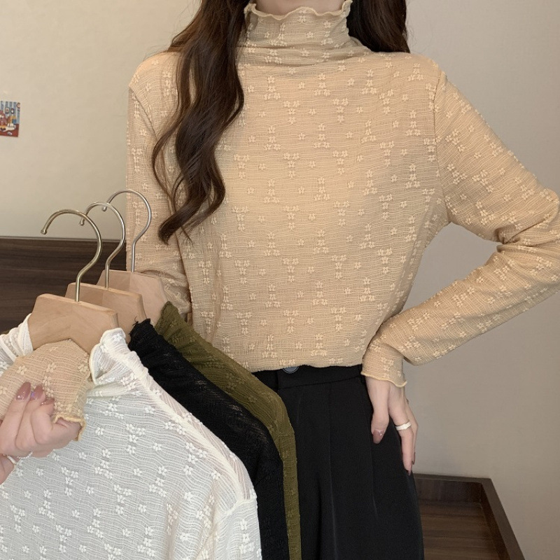 大码胖半高领木耳边蕾丝长袖恤女春秋内搭打底衫遮肚显瘦上衣|undefined