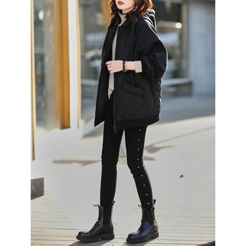 Down jacket, autumn and winter coat for women, plus fleece, light and warm cotton jacket with hood, hooded, large size, loose