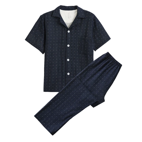 (Men) Double-layer gauze short-sleeved trousers navy blue polka dots