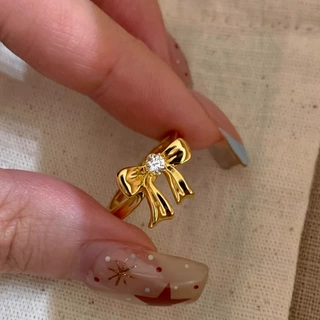 法式慵懒少女的中古蝴蝶结绑带戒指女点钻甜美少女心开口戒指环