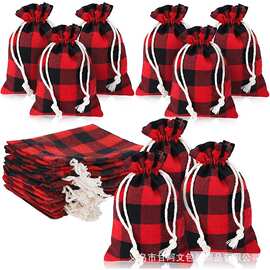 跨境专供格子纹棉布麻绳束口袋糖果小礼物包装袋圣诞树挂袋礼物袋
