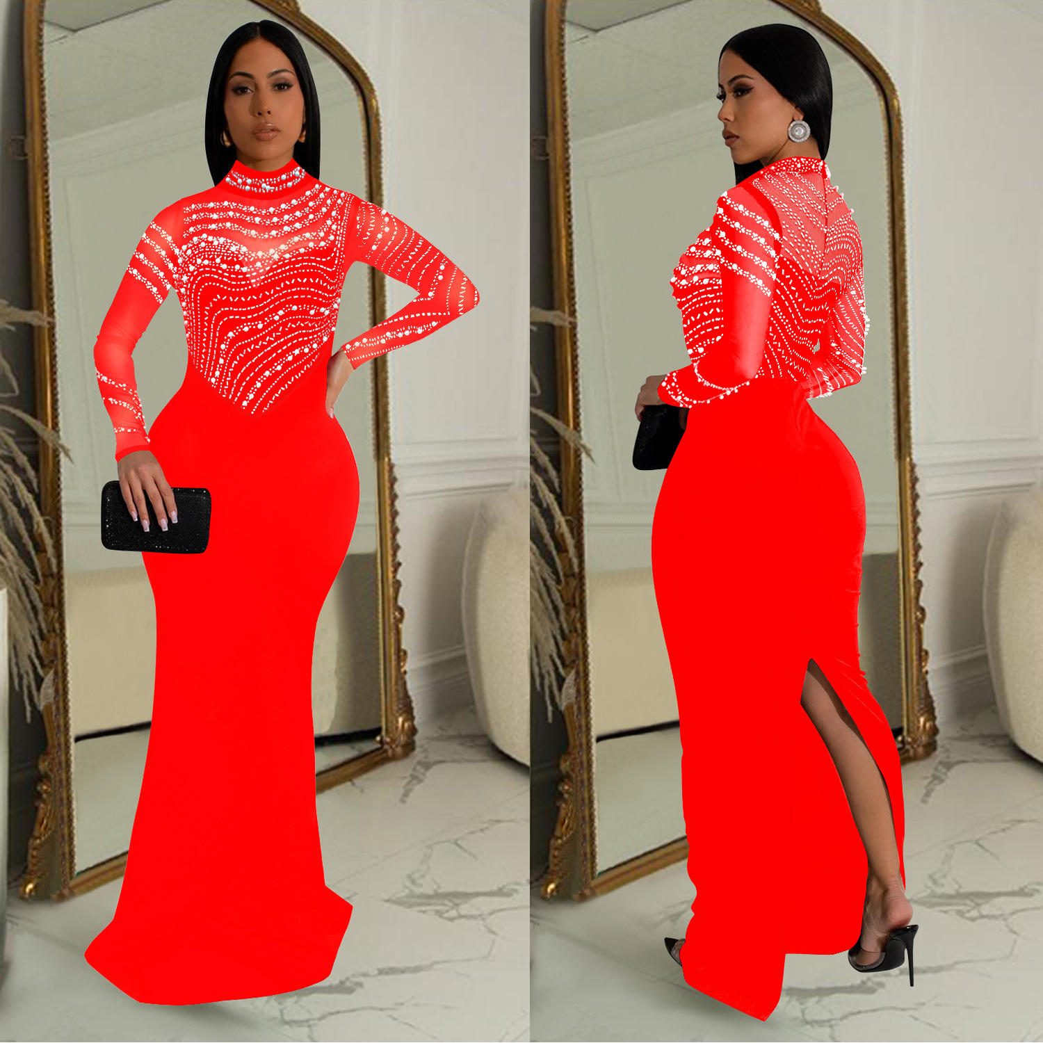 C7043 Aliexpress transfronterizo Amazon estación independiente de moda europea y americana ropa de mujer de color sólido vestido largo de diamante caliente nuevo