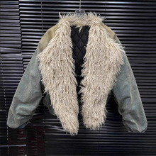 女装大翻领牛仔棉服女洗水做旧渐变色毛领棉衣外套