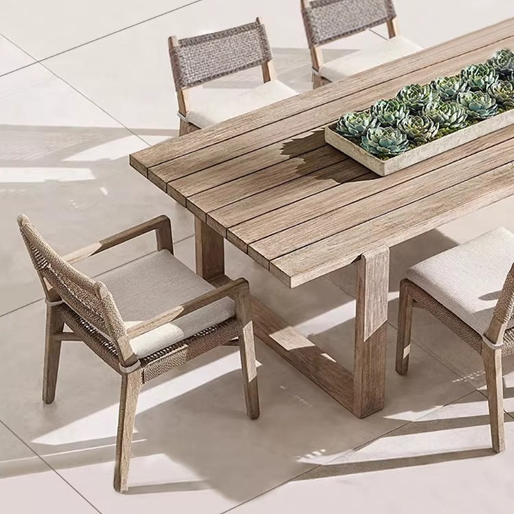 Mesa y silla al aire libre patio chalet tabla de madera larga impermeable alojamiento residencial terraza al aire libre jardín ocio combinación de mesa de comedor de madera maciza