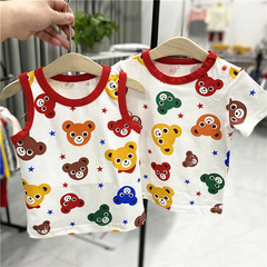 夏季新款miki短袖男女童滿印彩色熊頭印花兒童短袖背心T恤上衣