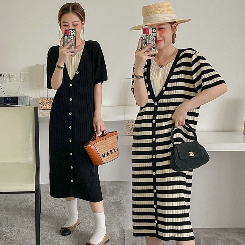 Одежда для беременных 2024 Летняя полоска поддельные две трикотажные шелковые платья от колен длинная юбка для беременных ретро грудное вскармливание