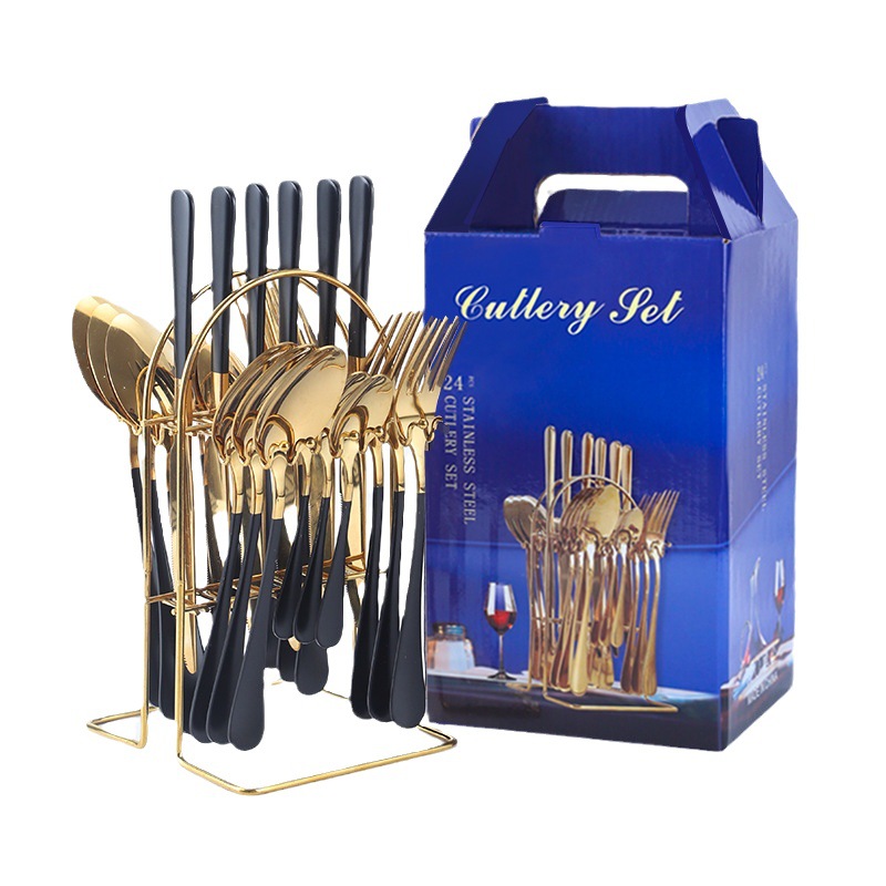 Amazon popular vajilla de acero inoxidable 24 piezas traje 1010 cuatro piezas principales cuchillo de comida occidental, tenedor y cuchara traje rack caja de regalo