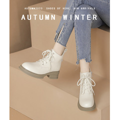 Women's New 2023 Short Boots, Autumn/Winter Fashion, Thick Sole, Motorbike-style Lacing, Flat, New Height-enhancing Martin Boots