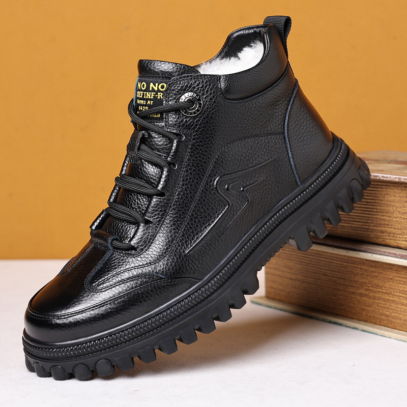头层牛皮加绒休闲棉靴现货冬季保暖前系带侧拉链真毛内里男棉鞋