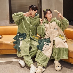Winter Long Couple Nightgown Female Little Dinosaur Cartoon Flannel Pajamas Men and Women Home Clothes Warm Suit Winter