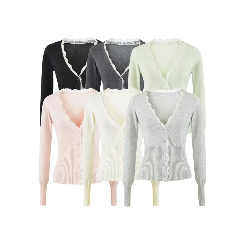 Deep V-neck lace long-sleeve knit top for women, 2026 autumn new American retro color-blocking slim-fit cardigan base shirt