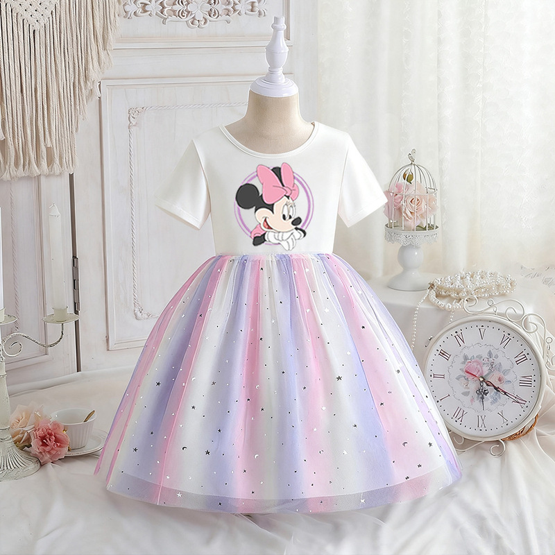 New Girls Dress Summer Short-Sleeved Children's Clothing Girl Gauze Skirt Rainbow Princess Skirt Children's Skirt Minnie Mouse