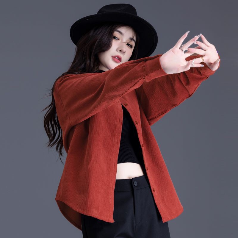 Tomato Red Corduroy Jacket for Women 2026 Spring and Autumn Fine Velvet Top Stylish Shirt Mid-Length Versatile Button Elements Tomato Red Corduroy Jacket for Women 2026 Spring and Autumn Fine Velvet Top Stylish Shirt Mid-Length Versatile Button Elements
