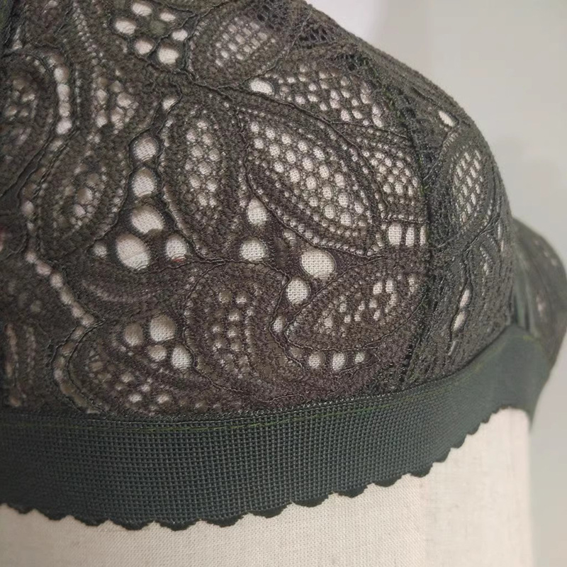 French-Style See-Through Lace Bra, Wireless Dark Green, One Size, Plus-Friendly — detail image 6