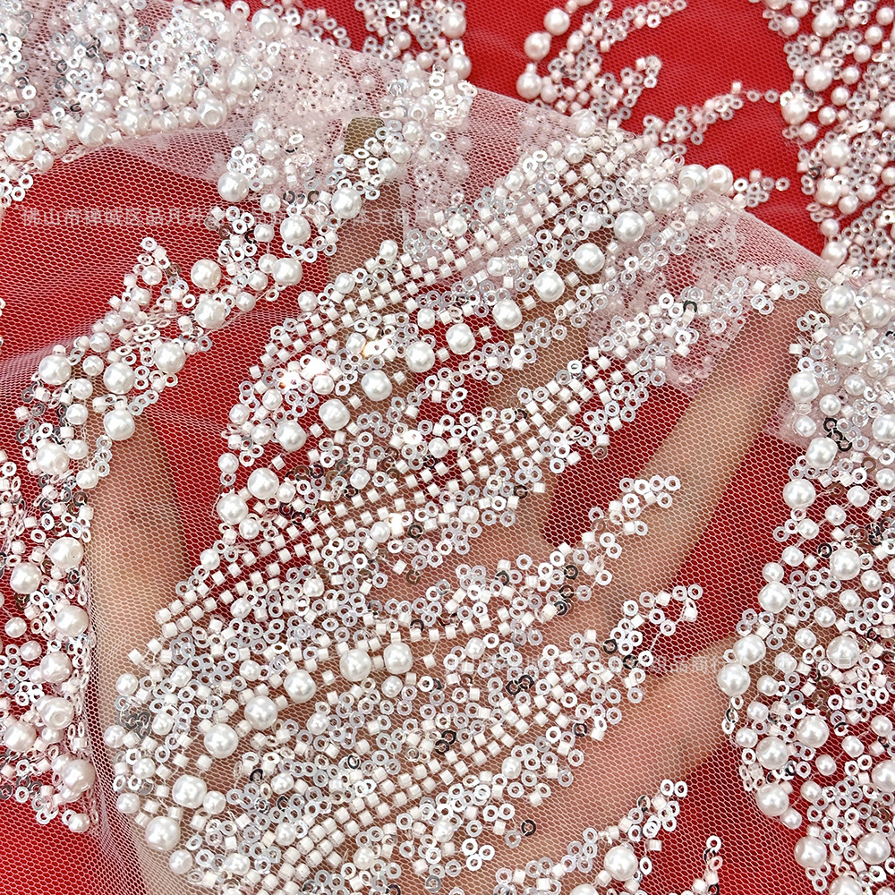 Tubo de perlas bordado tridimensional gran burbuja de perlas bordado tela de vestido de boda alta moda vestido de noche tela en stock al por mayor