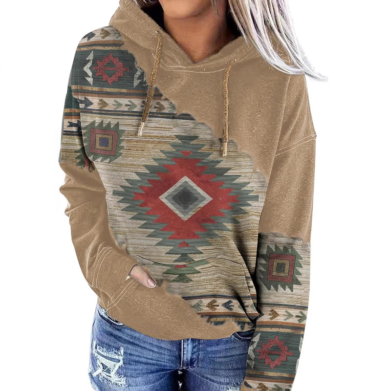 Foreign Trade Independent Site Amazon Women's Aztec Style 3D Printed Retro Long-Sleeved Casual Pullover Hooded Sweatshirt Foreign Trade Independent Site Amazon Women's Aztec Style 3D Printed Retro Long-Sleeved Casual Pullover Hooded Sweatshirt
