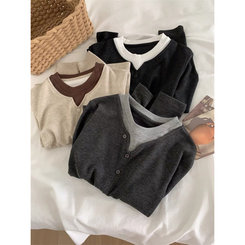 Official Image of the New Autumn Extra-Large 100kg Cashmere Single-Breasted Fake Two-Piece Versatile Long-Sleeve Women's T-Shirt