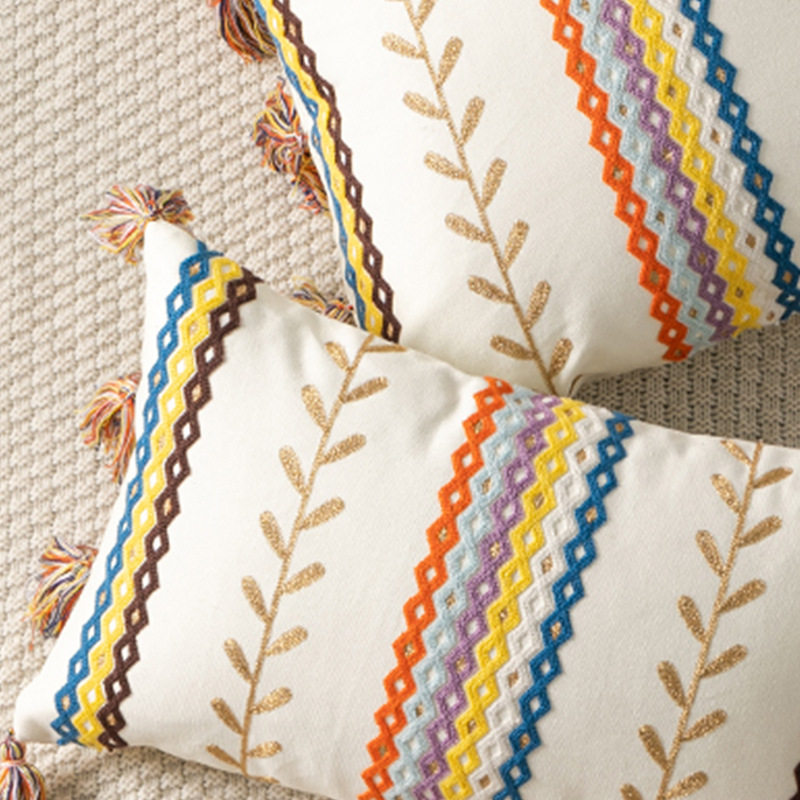 Moroccan style color velvet embroidery pillow case tufted tassel cushion case model room waist pillowcase spot supply_voghion.com