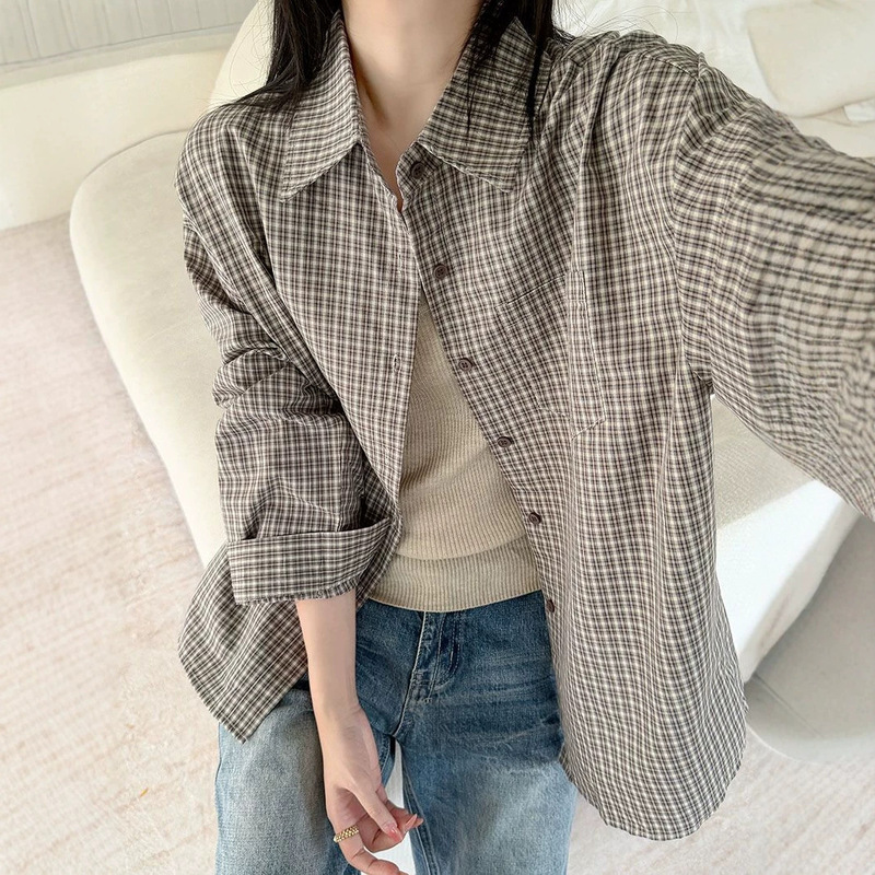 Korean Style Plaid Shirt for Women, New Spring and Summer Style, Loose and Lazy Style Long-Sleeved Shirt, Elegant Jacket, Casual Top, Cotton