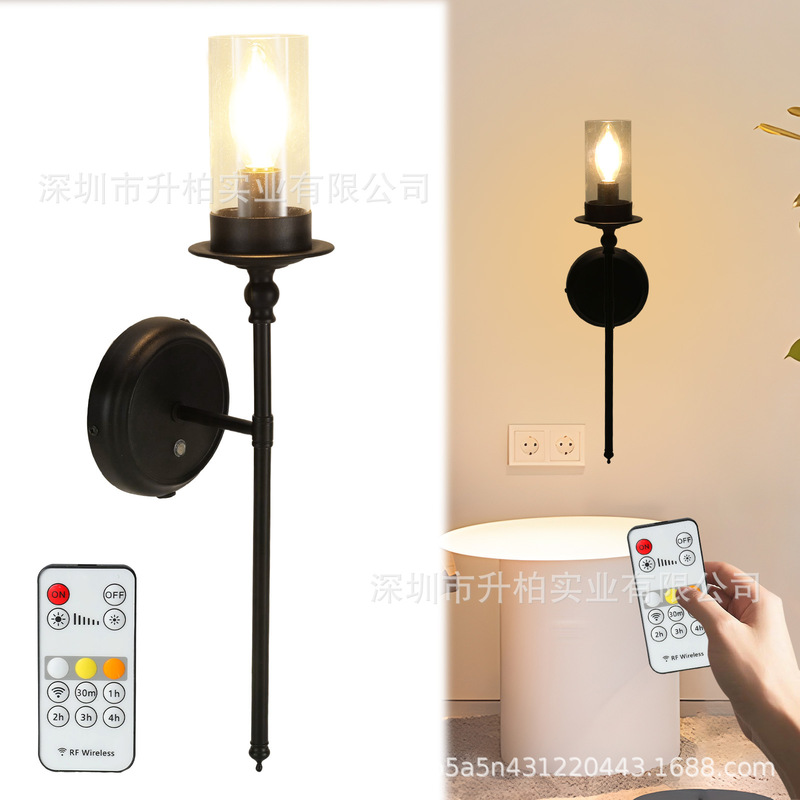 Cross-Border Popular Battery-Powered Wall Lamp Remote Control Timing Bedside Wall Lamp Living Room Stairwell Decorative Lamp Iron Wall Lamp