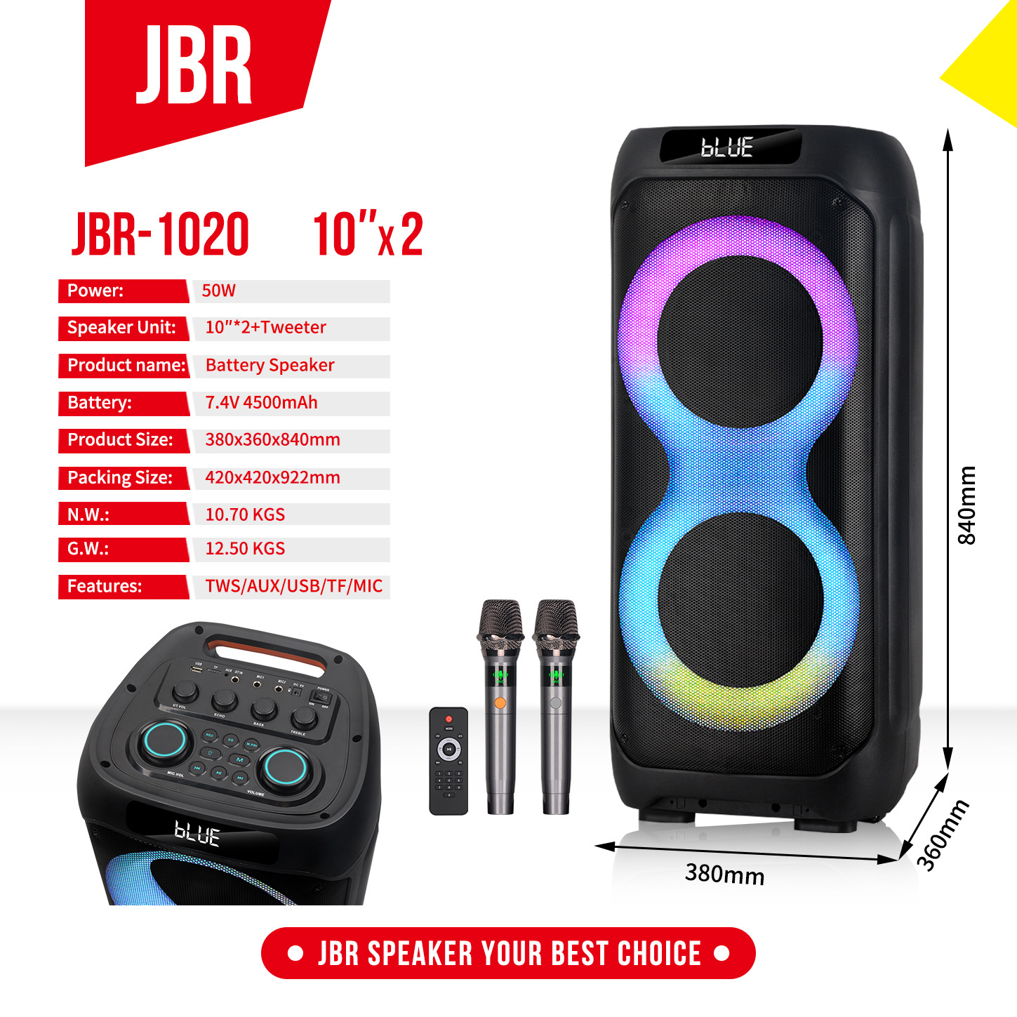 Fábrica fuente reclutar agente JBR - 1020 exportación de comercio exterior nuevo doble 10 pulgadas fiesta al aire libre sonido Bluetooth