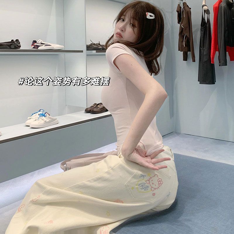 Korean White Cute Kitty Cartoon Embroidered Jeans for Women Autum Design Straight Wide Leg Jeans