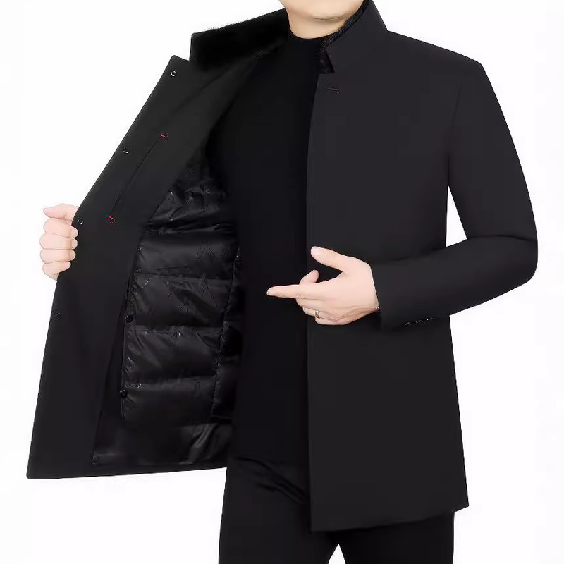 Pierre Cardin Men's Winter Mink Fur Collar Down Jacket Men's Removable Liner White Duck Down Mid-length Jacket