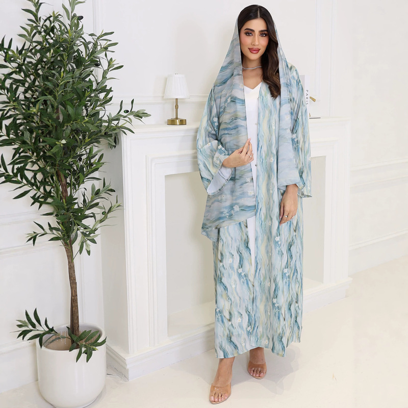 2026 Cross-Border European and American Elegant Printed Robe Cardigan Dress Set with Soft Watercolor Print and Matching Headscarf