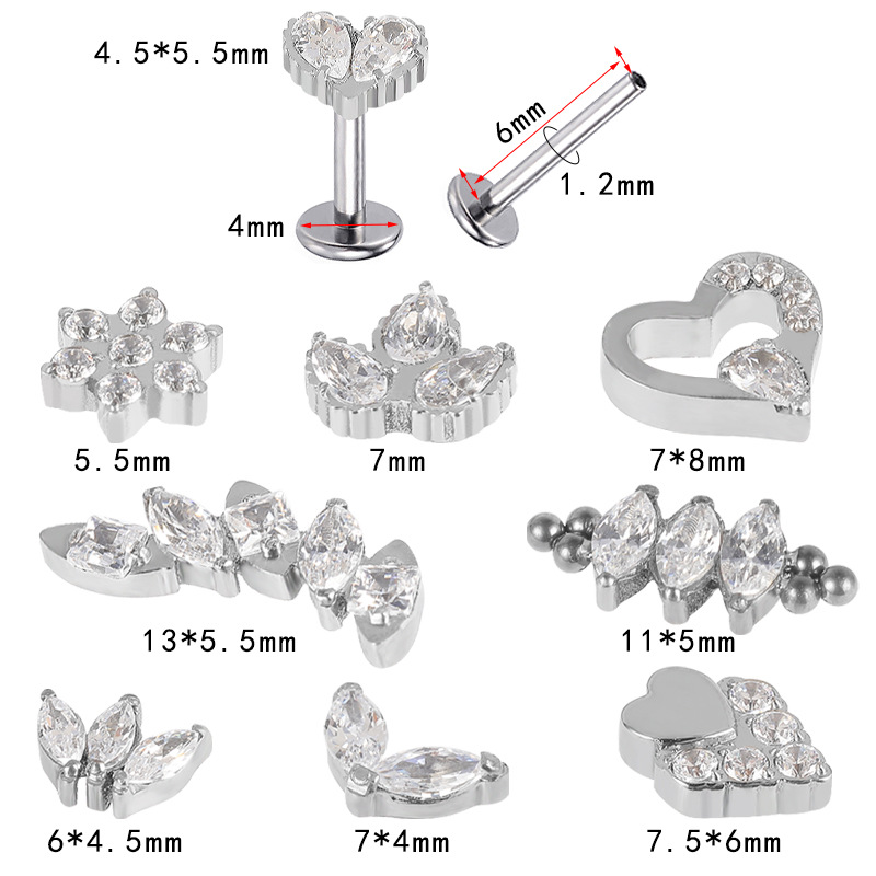 Zsen F136 Titanium Alloy Diamond Lip Stud Labret Piercing with CZ Crystal G23 Titanium Women's Earrings Wholesale detail image 7