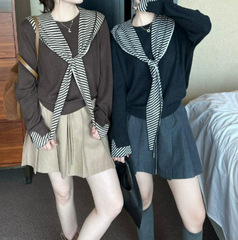 韩系撞色条纹披肩设计感针织上衣女2025秋季新款圆领宽松慵懒上衣